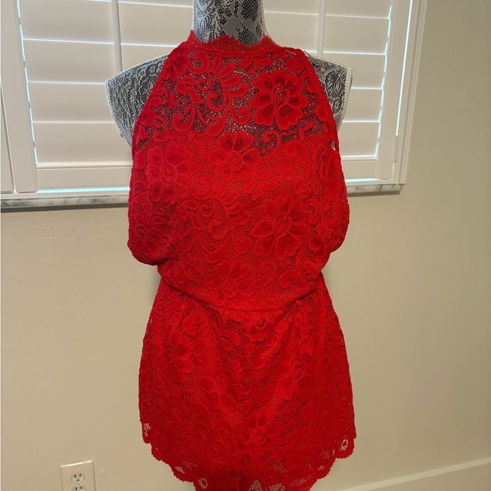 Red Lace Halter Romper